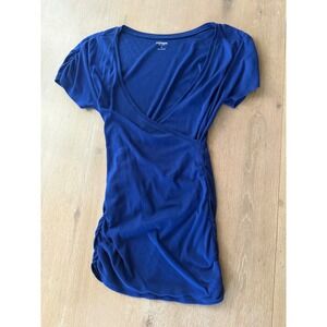 Express Sexy Basic Blue Surplice V-Neck Ruched Short Sleeve Top Medium ID 508249